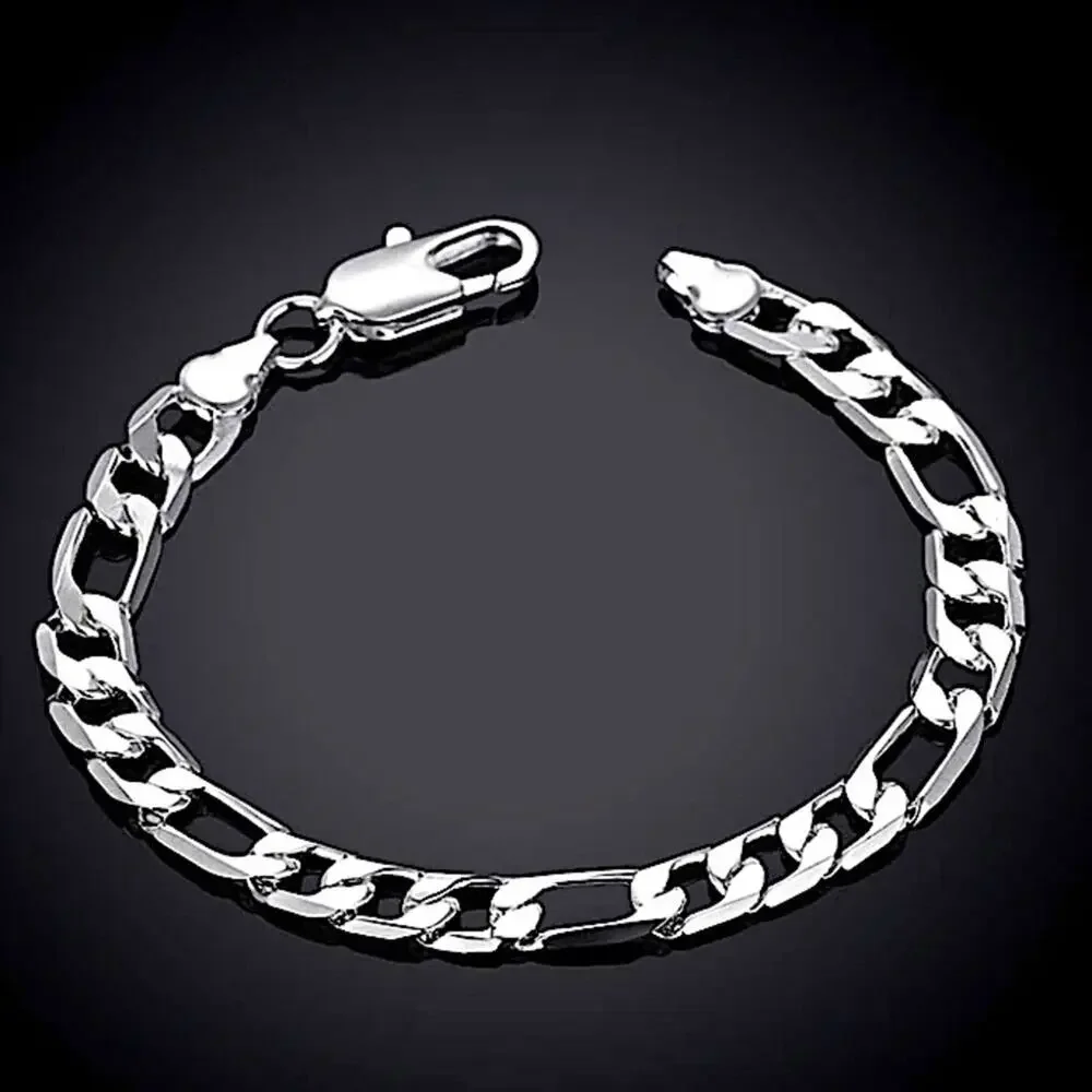 SILVER CUBAN FIGARO CHAIN LINK NECKLACE + BRACELET STERLING STMP .925 SET